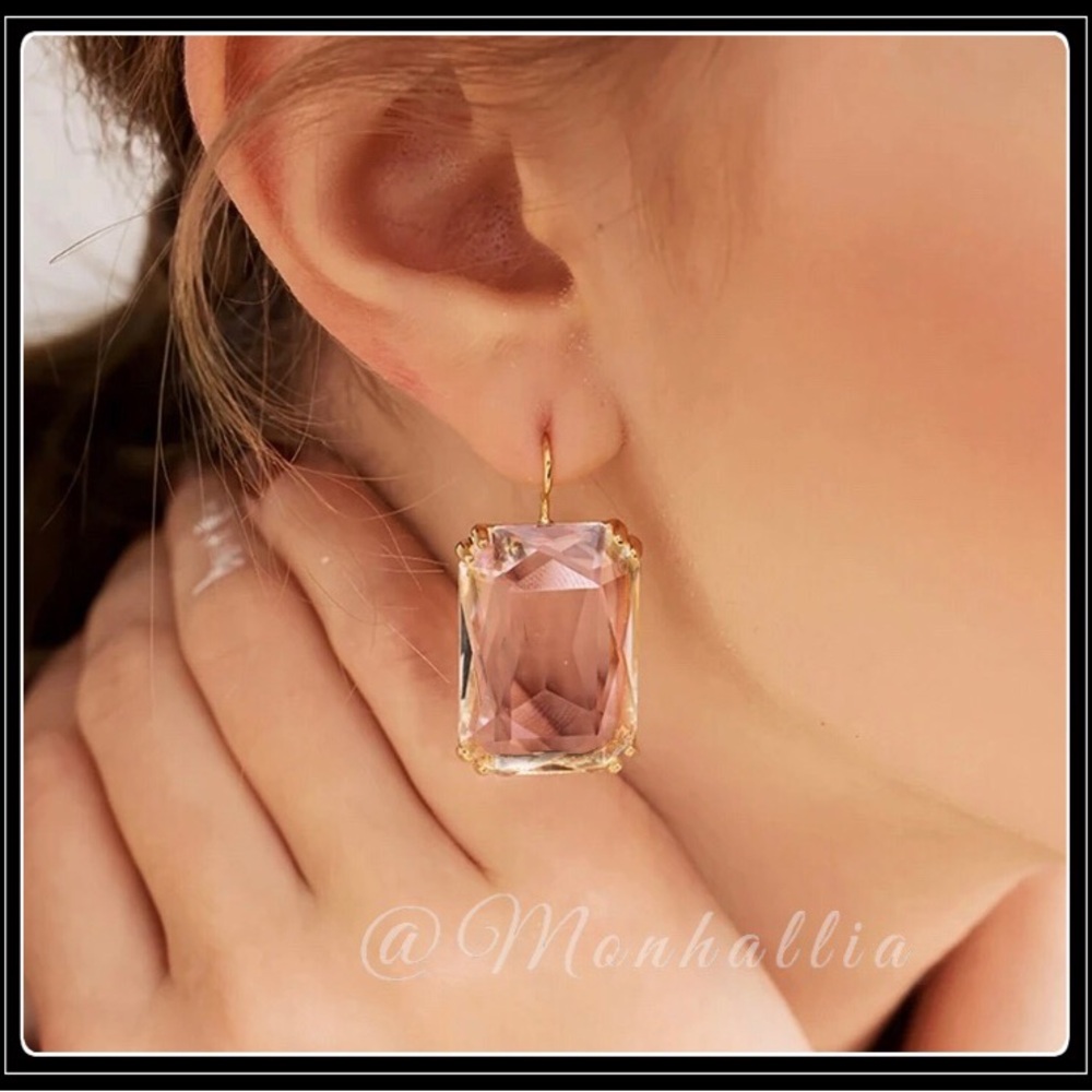 NEW GOLD MEGA EMERALD CUT SIMULATED CLEAR PINK TOPAZ CUSHION EARRINGS